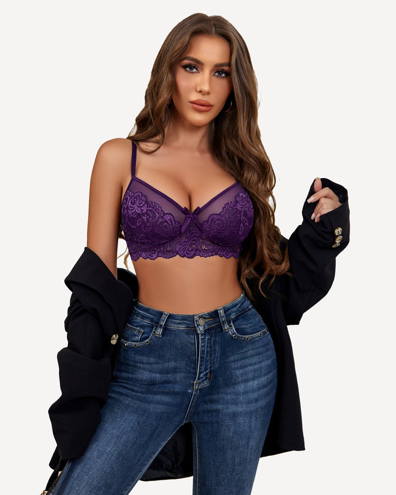 Purple lace bra and panty set with scalloped lace and central bow