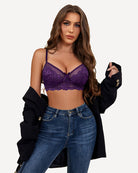 Purple lace bra and panty set with scalloped lace and central bow