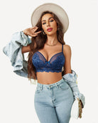 Blue lace bra and matching lace panty set with underwire cups and scalloped lace hem.