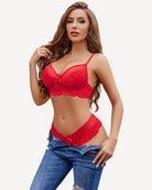 Red lace bra and panty set with underwire cups and lace-trim briefs