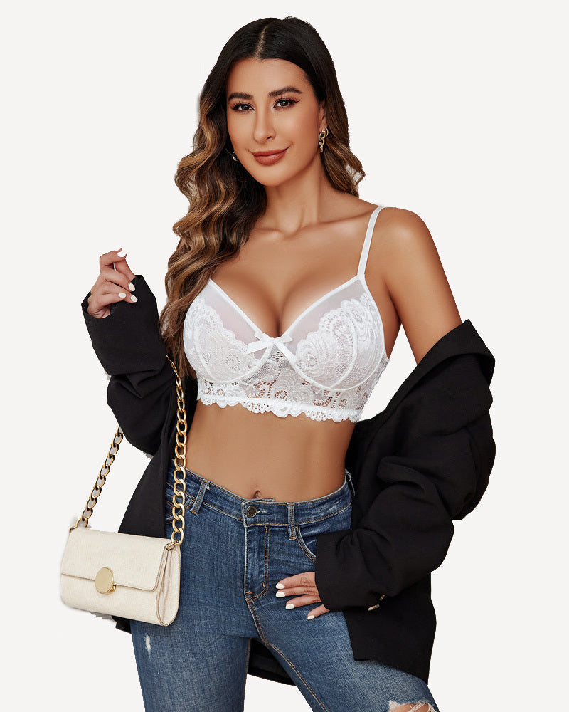 White lace bra and panty set with scalloped cups and matching lace briefs