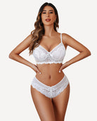 White lace bra and panty set with underwire cups and matching lace briefs
