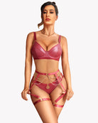 Burgundy leather bra and panty set with garter belt and chain accents