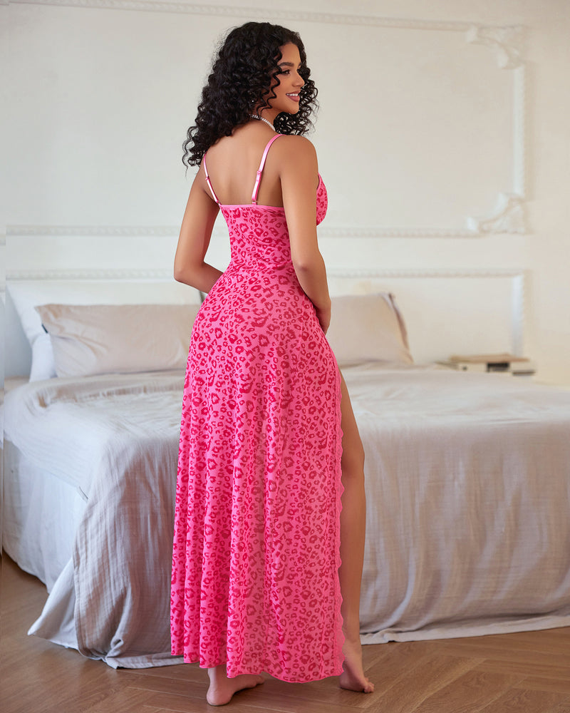 Sheer lace mesh nightgown in pink/red leopard print, spaghetti straps, side slit