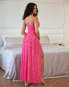 Sheer lace mesh nightgown in pink/red leopard print, spaghetti straps, side slit