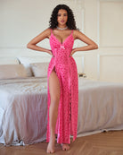 Sheer lace mesh side-split nightgown, bright pink with leopard pattern and lace trim