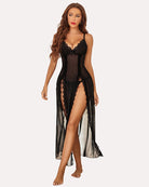 Black sheer lace side-split nightdress with bow detail and scalloped trim
