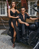 Black lace side-slit nightgown with scalloped bust and long sheer panels