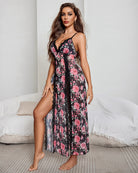 Sheer lace mesh side-split nightgown, black with pink rose floral print and lace trim