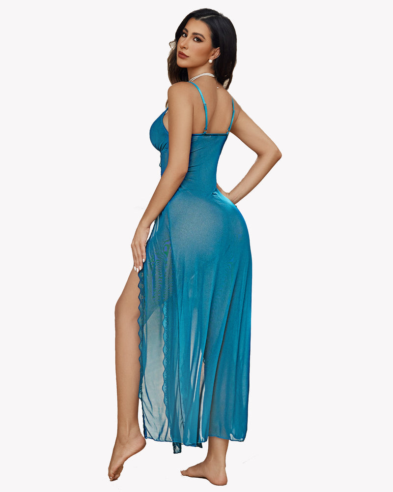Back view of teal blue lace nightdress with side slit hem and thin spaghetti straps