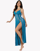 Lace nightdress with side slit, spaghetti straps, teal blue mesh with decorative lace edges