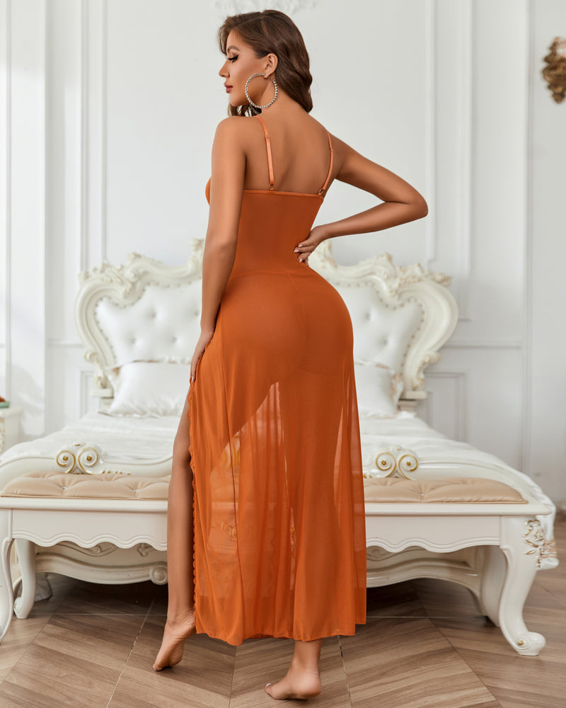 Orange spaghetti-strap nightgown with V-back and side slit