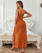 Orange spaghetti-strap nightgown with V-back and side slit
