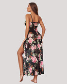 Black floral lace side-split nightdress, spaghetti straps and scalloped trim