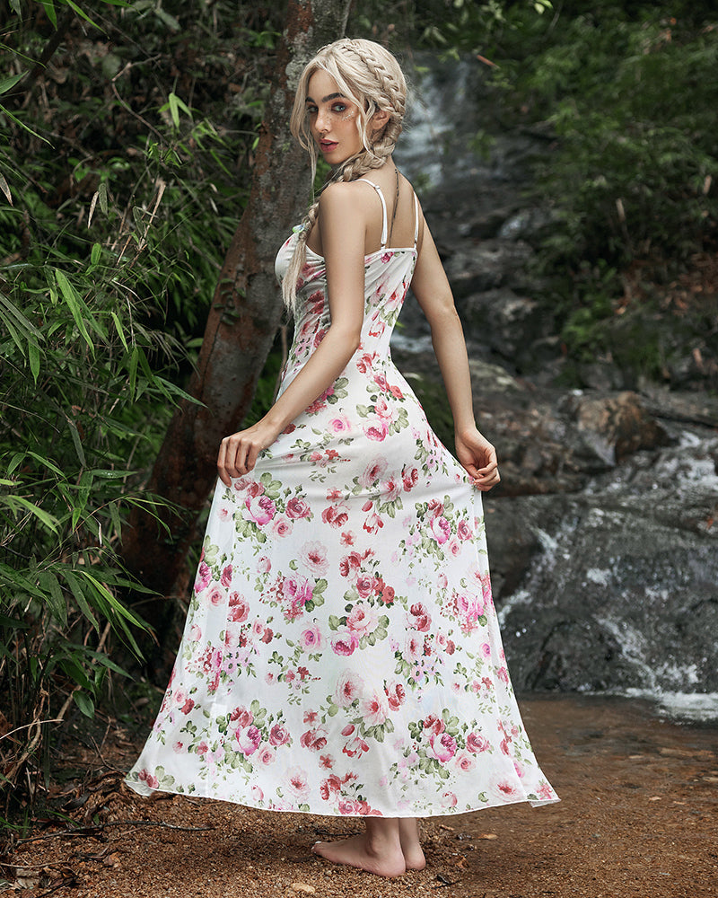 White floral lace mesh nightgown with spaghetti straps and open back