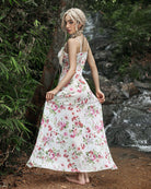 White floral lace mesh nightgown with spaghetti straps and open back