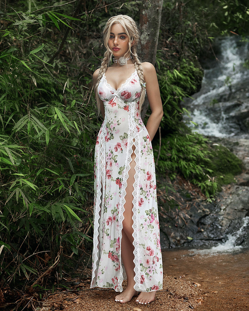 Floral lace mesh nightgown with spaghetti straps and thigh-high side slit, white
