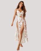 Sheer lace mesh nightgown, white base with floral print, side slit and lace bust