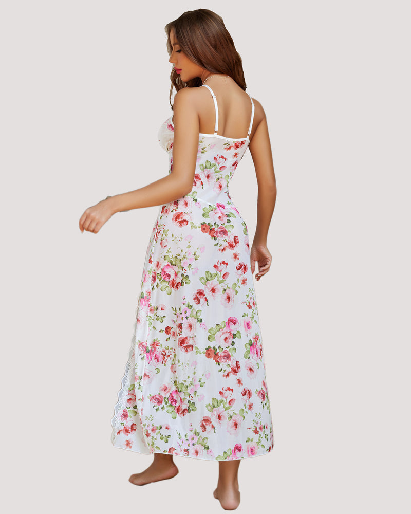 White floral lace side-split nightdress with thin straps and scalloped back detail