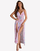 Sheer lace mesh nightgown, pink floral with lace trim and side slit
