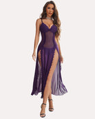 Purple lace nightdress with side split and sheer mesh skirt, scalloped trim