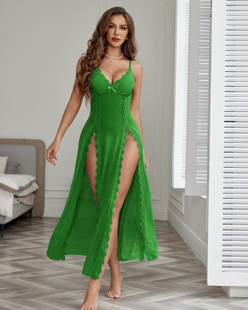 Sheer lace nightgown with lace trim and thigh-high side slit, bright green