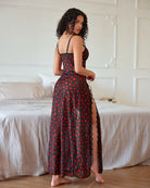 Sheer lace mesh nightgown in black with red heart print, lace trim, side slit