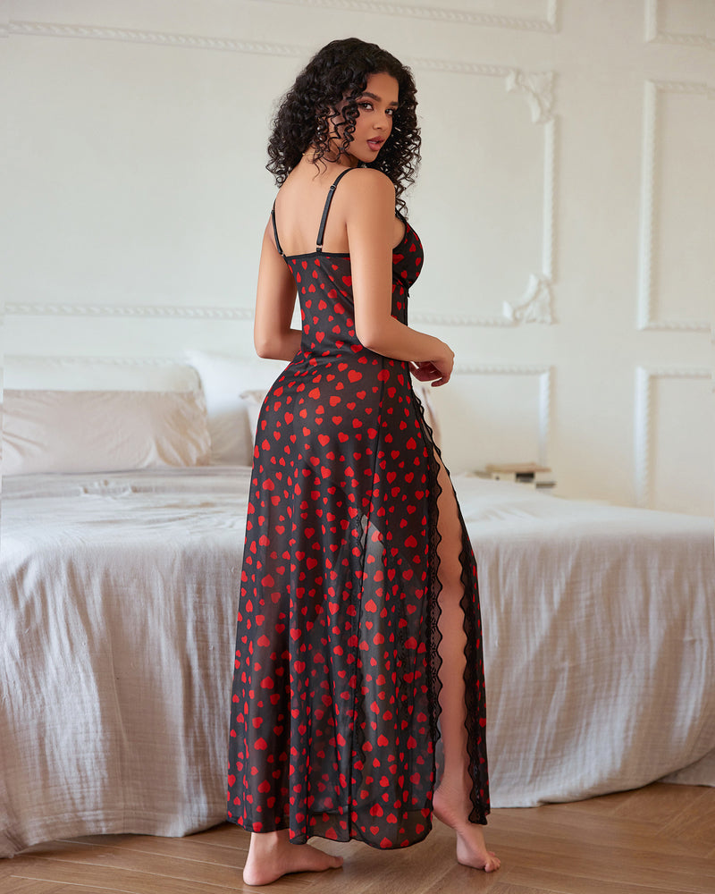 Sheer lace mesh nightgown in black with red heart print, lace trim, side slit