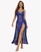 Sheer lace mesh nightgown, royal blue with lace bust and long side slit