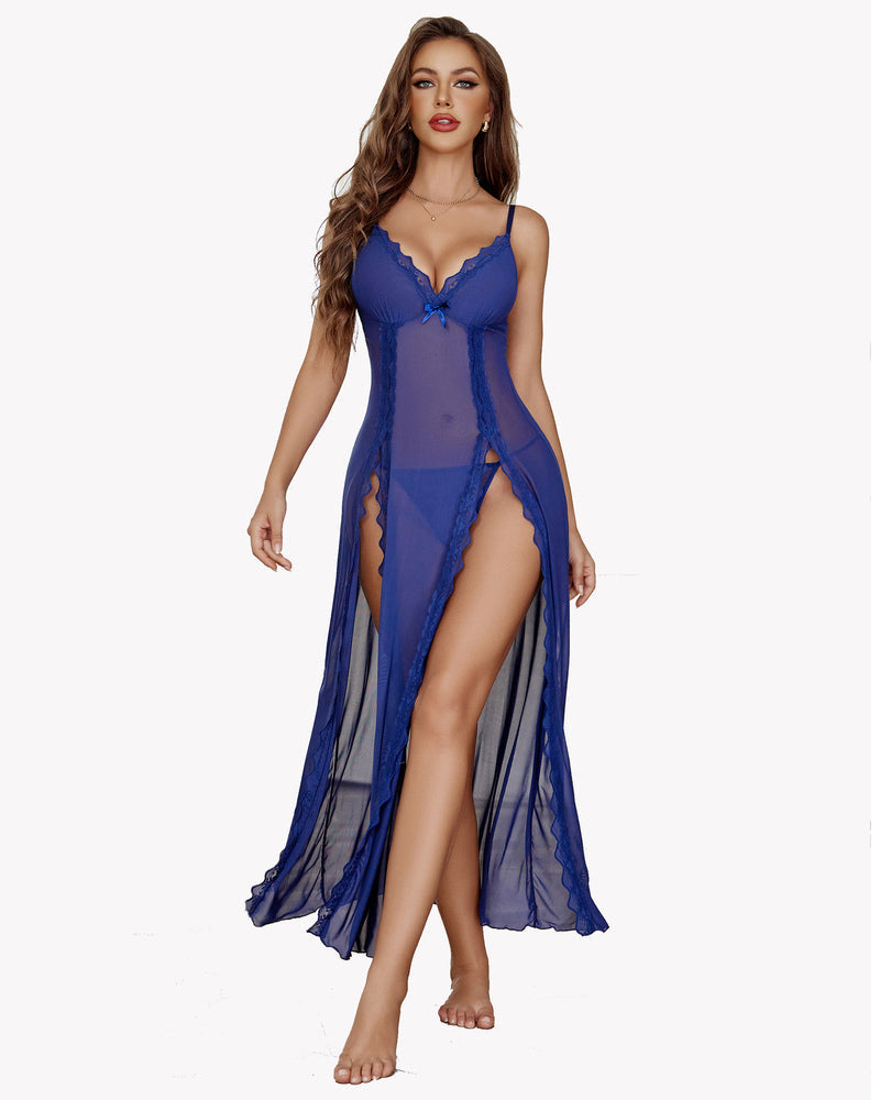 Sheer lace mesh nightgown, royal blue with lace bust and long side slit