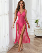 Pink sheer lace nightgown with lace trim, V-neck, and side slit