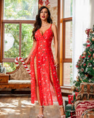 Sheer lace mesh side-split nightgown, red floral print with lace edging