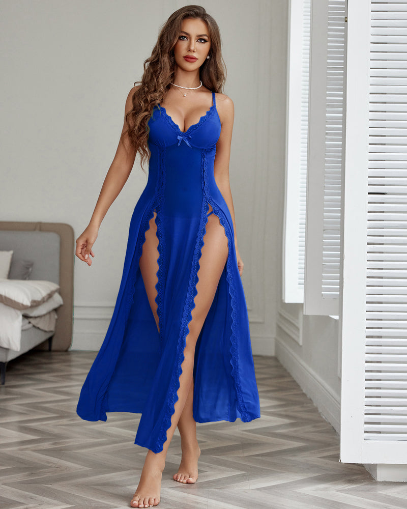 Sheer lace nightgown with spaghetti straps and thigh-high side slit, royal blue