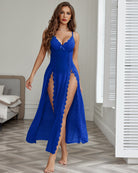 Sheer lace nightgown with spaghetti straps and thigh-high side slit, royal blue