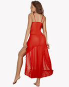 Sheer lace mesh nightgown, red sheer with lace back straps and side slit