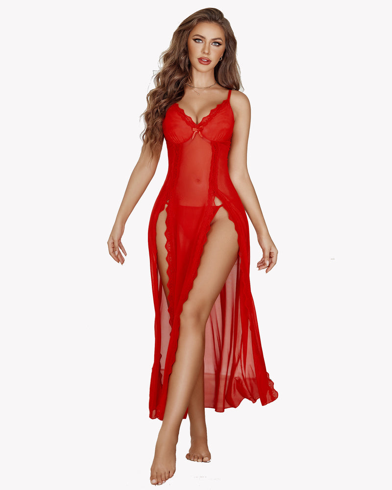 Sheer lace mesh nightgown, red with lace bodice and deep side slit