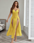 Sheer lace mesh side-split nightgown, yellow with scalloped lace trim