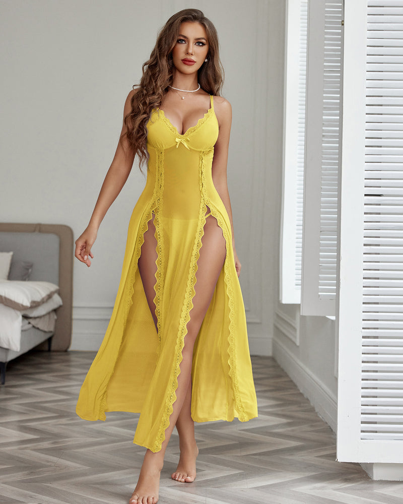 Sheer lace mesh side-split nightgown, yellow with scalloped lace trim