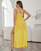 Sheer lace mesh nightgown in yellow, spaghetti straps, scalloped lace trim