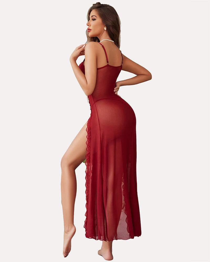 Lace nightdress with open back and side slit, deep red with scalloped lace trim