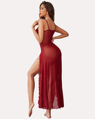Lace nightdress with open back and side slit, deep red with scalloped lace trim