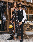 Black lace side-slit nightgown with Halloween print, lace neckline and front slit