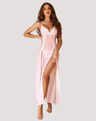 Sheer lace mesh nightgown, pink floral print, spaghetti straps and side split