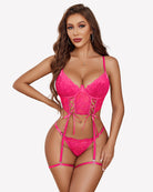 Hot pink floral lace lingerie set with garter straps, corset-style lacing