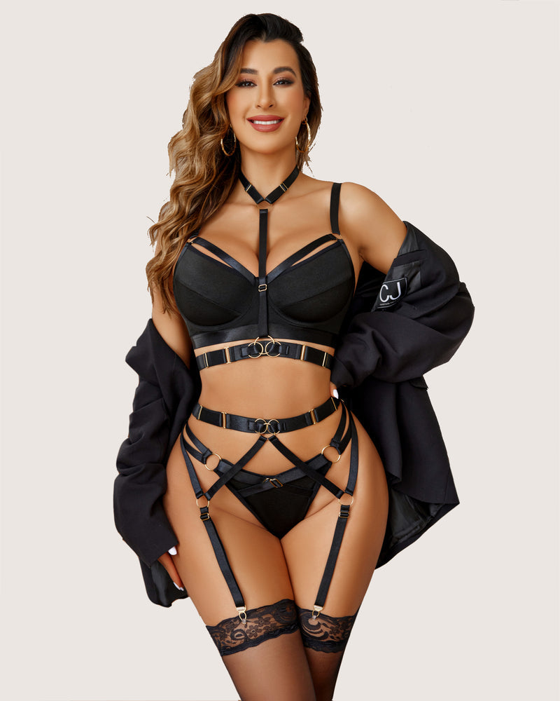 Black lingerie set with push-up bra and strappy garter belt, front view