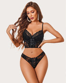 Black lace bra and matching lace panty set with underbust corset detail