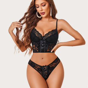 Black lace bra and matching lace panty set with underbust corset detail