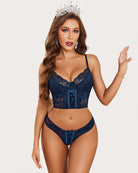 Navy blue lace bra and matching panty set with corset-style front lacing
