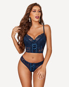 Navy lace bra and matching lace panty set with corset lacing and lace trim