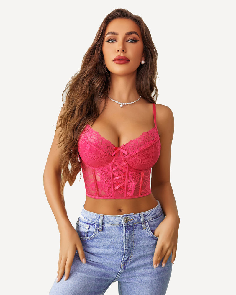 Pink lace lingerie set with corset-style bra, adjustable straps, and matching thong